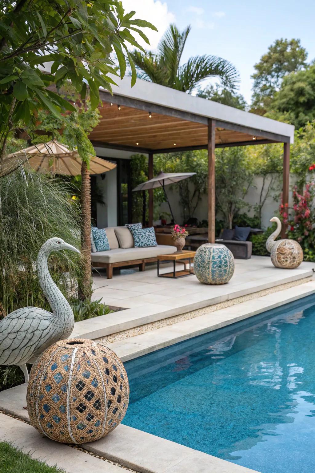 Unique art pieces add character and interest to the lanai.
