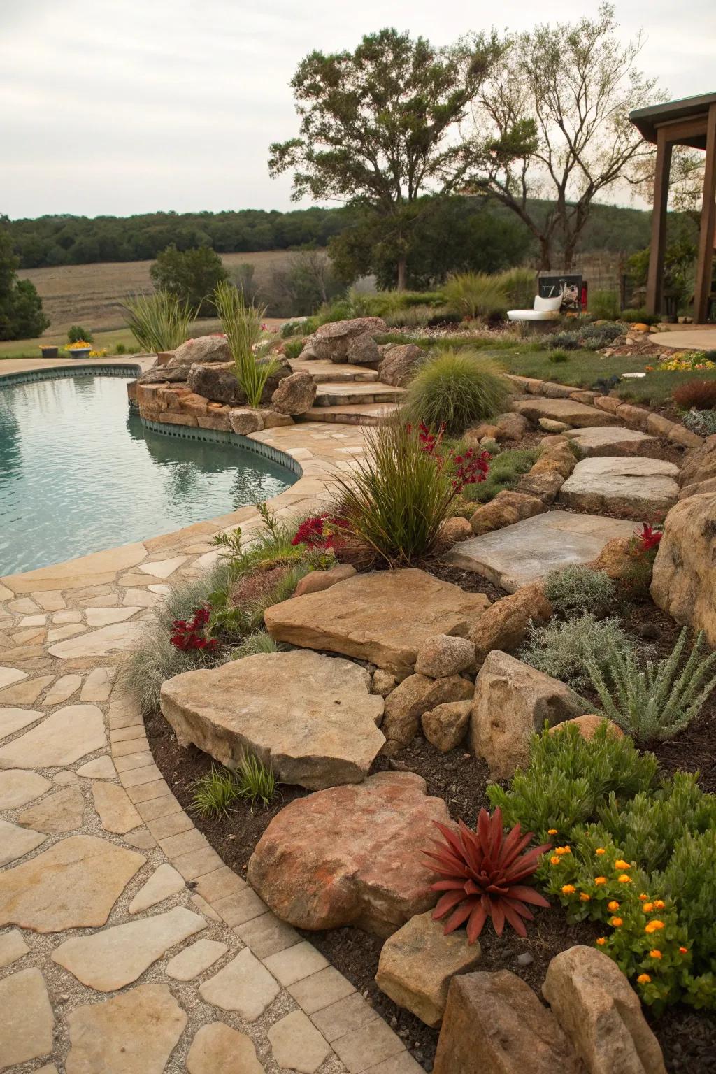 Rock gardens offer texture and elegance to your pool area.