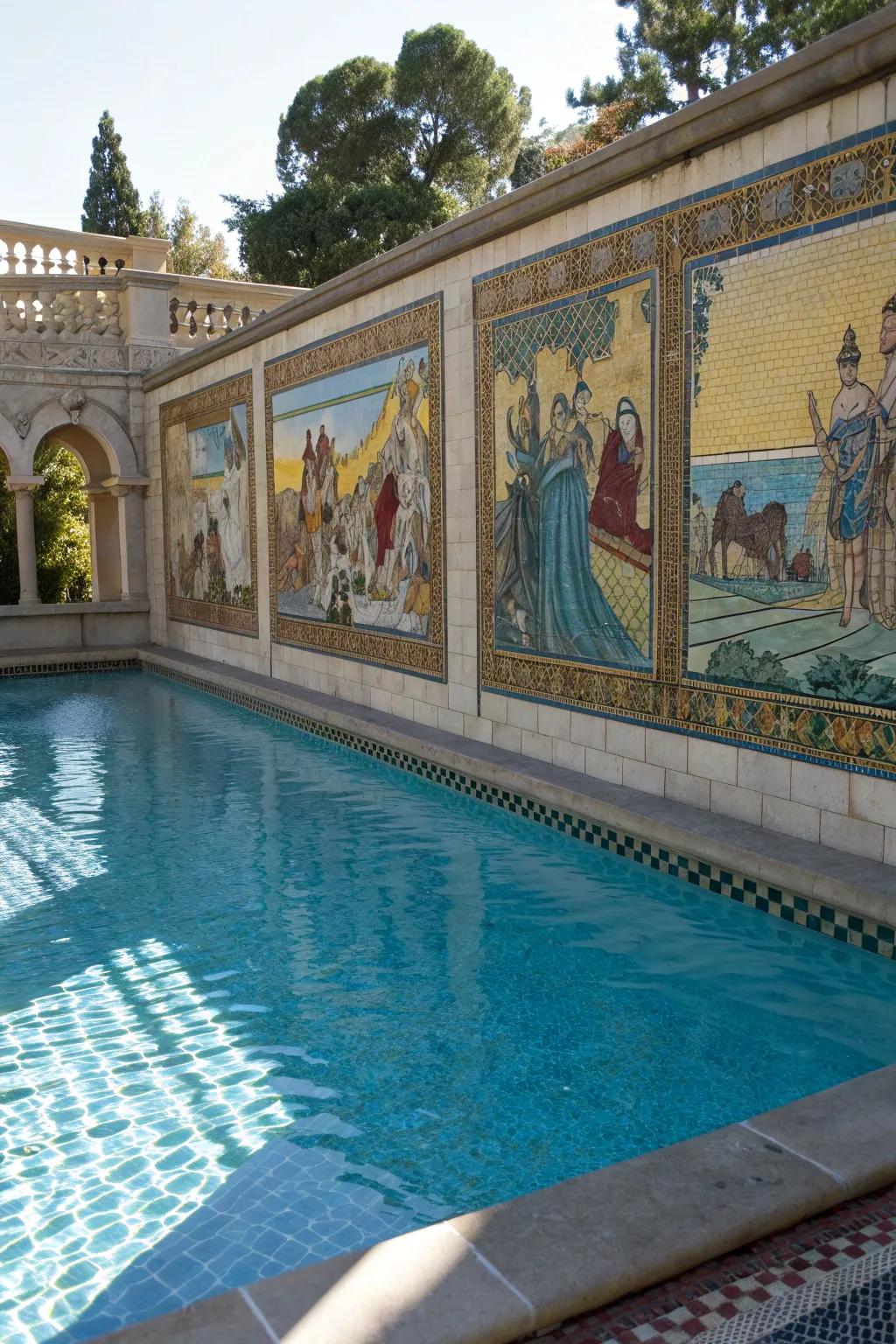 A storytelling pool design with historical mosaic narratives.