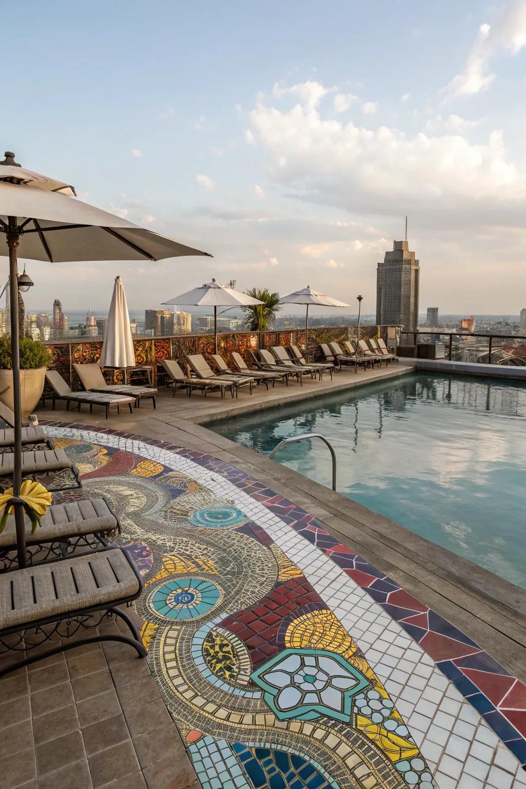 A rooftop pool featuring vibrant and artistic mosaic tiles.