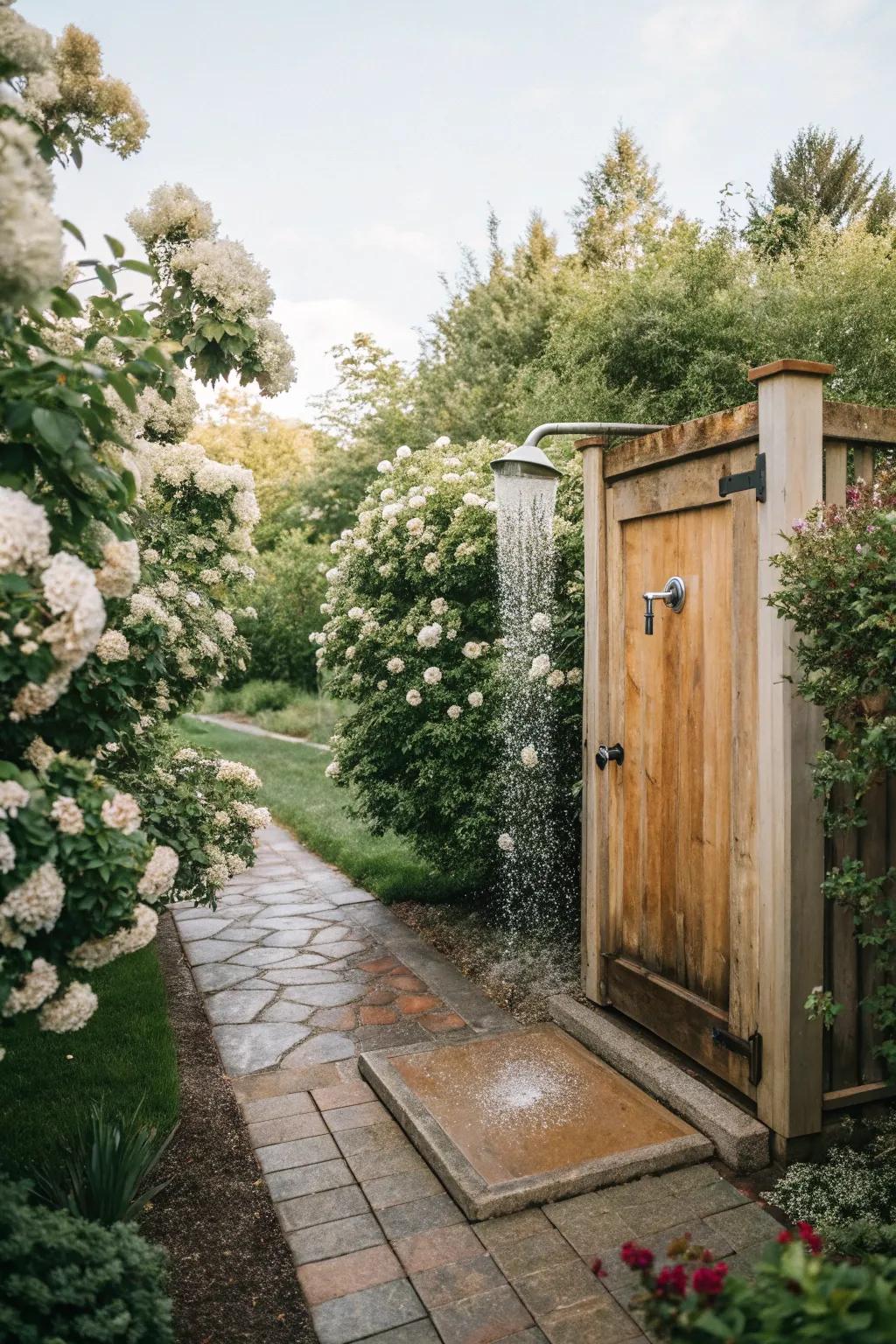 Living privacy walls with flowering shrubs for a fragrant shower experience.