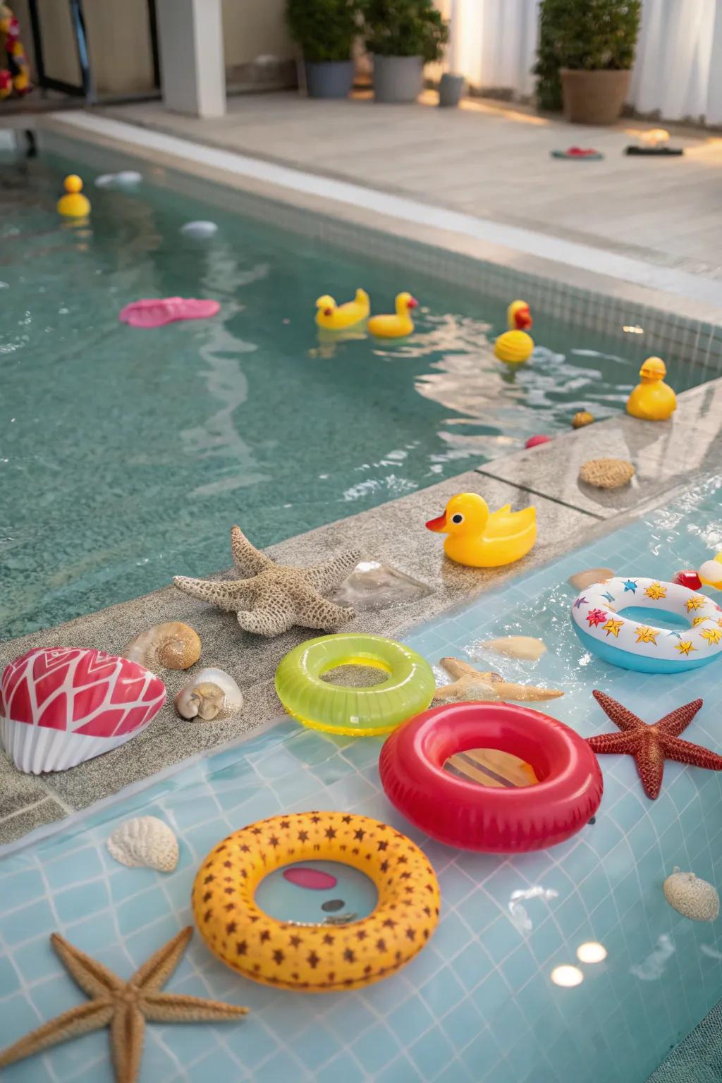 A pool with underwater decor and themed toys, adding depth to the party.