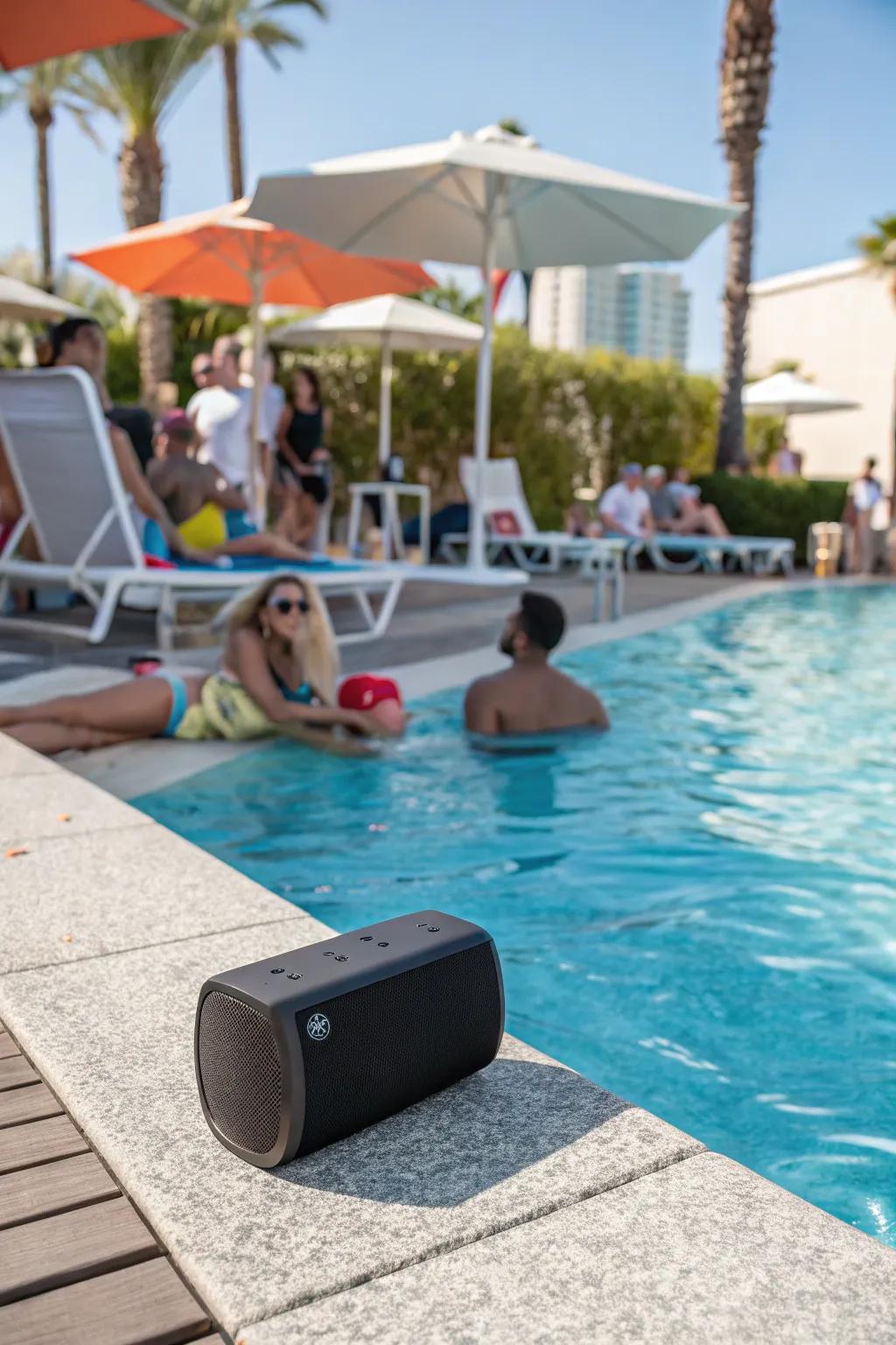 A waterproof speaker playing music by the pool.