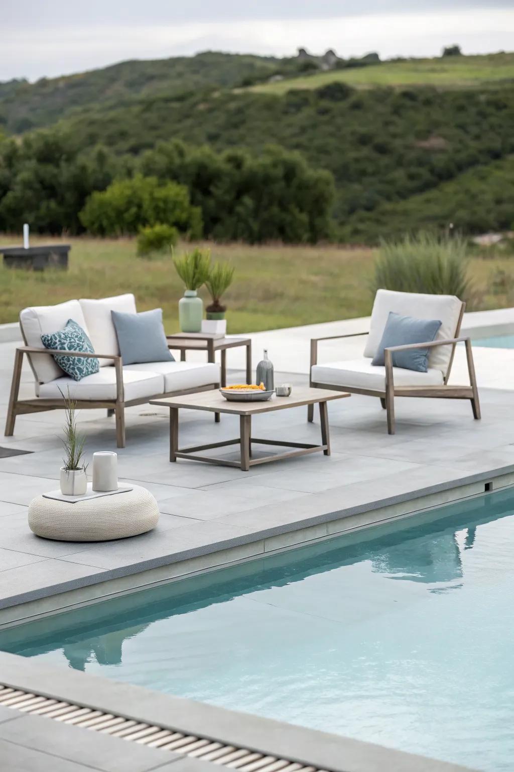Minimalist design creates a serene and uncluttered poolside space.