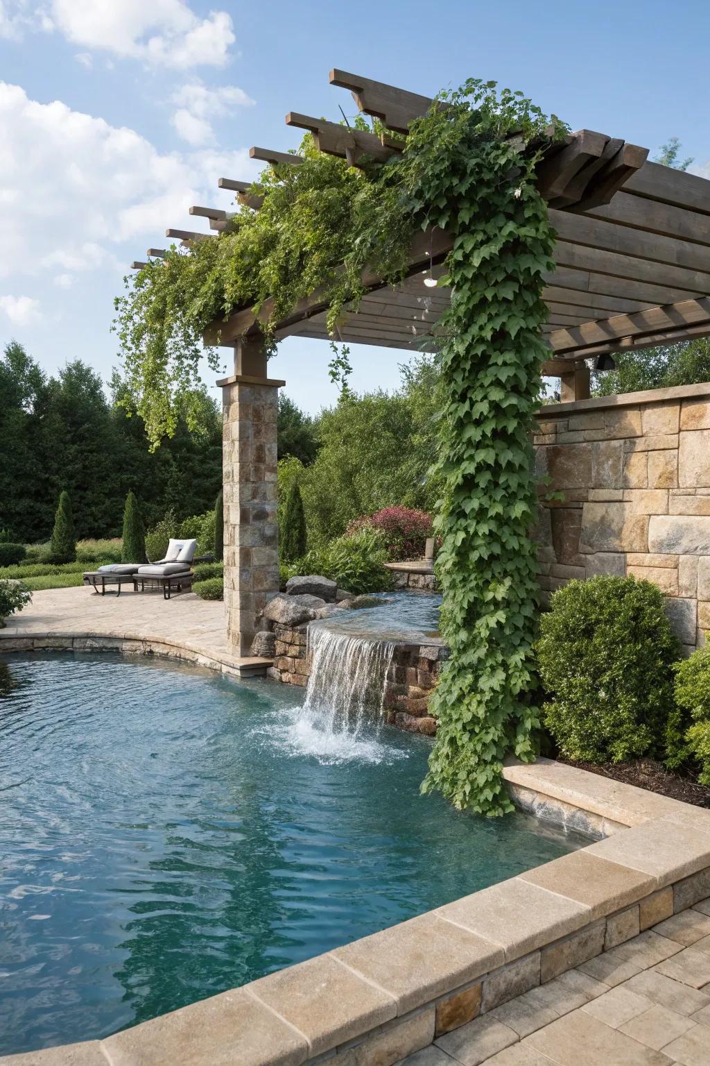 A pergola with a waterfall feature for a calming poolside ambiance.