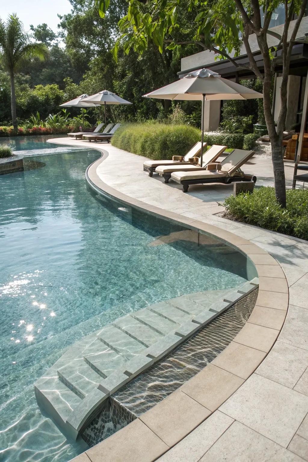 A relaxing tanning ledge in the pool.