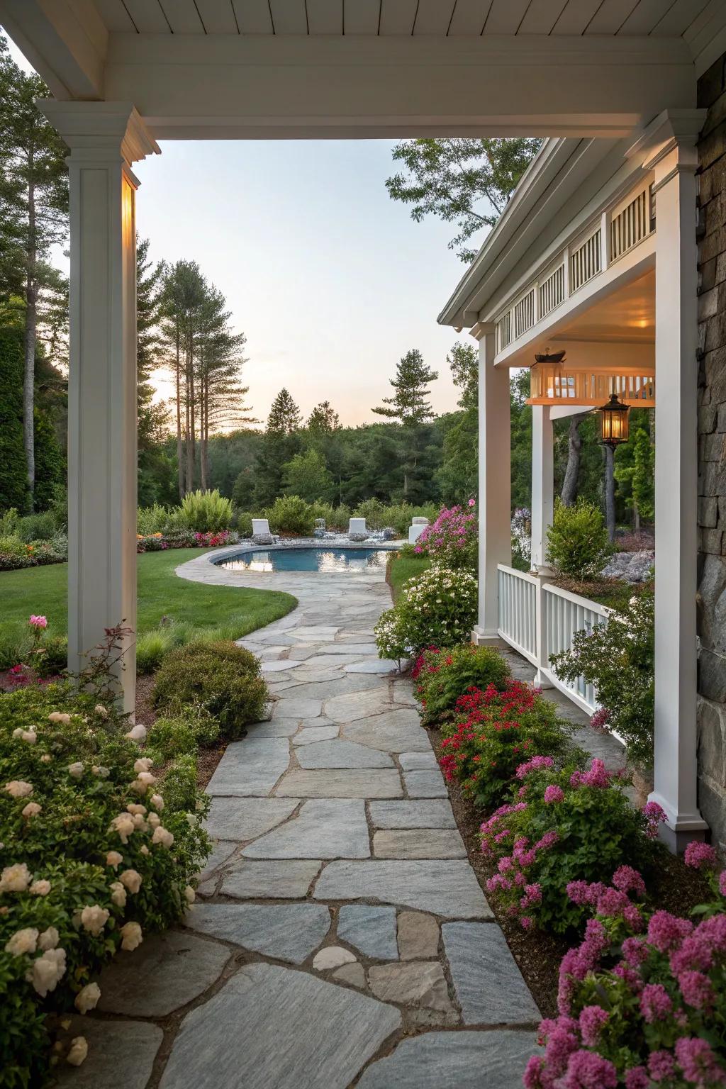 A charming stone pathway leading to a welcoming poolside porch.