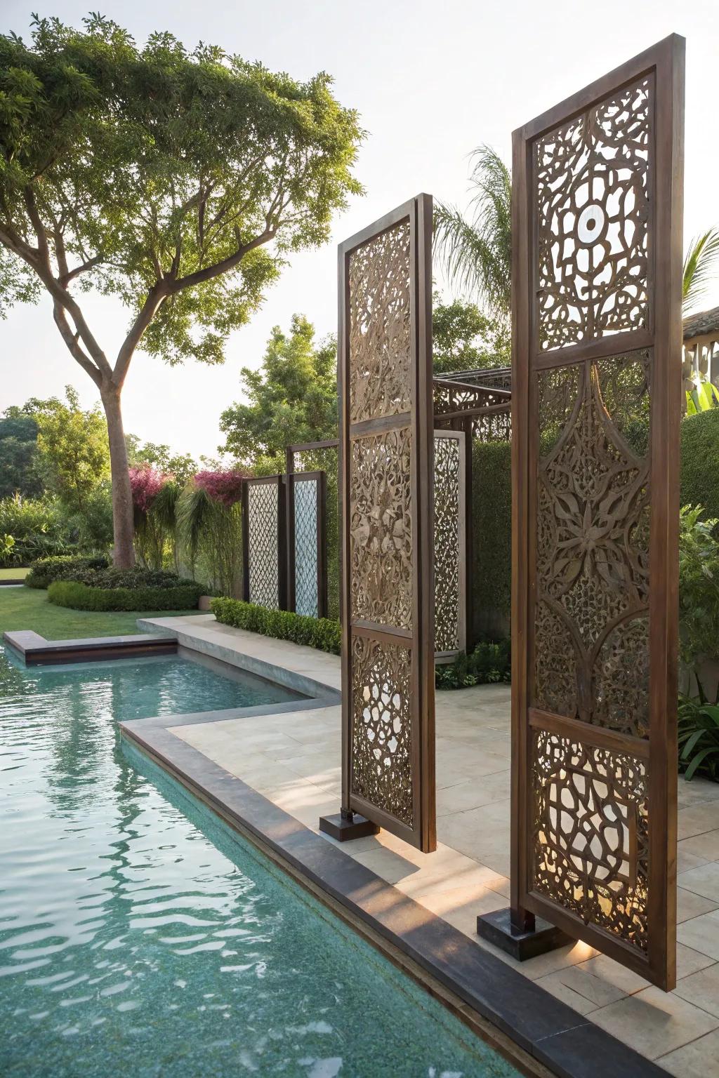 Art panels combine creativity and functionality for pool privacy.