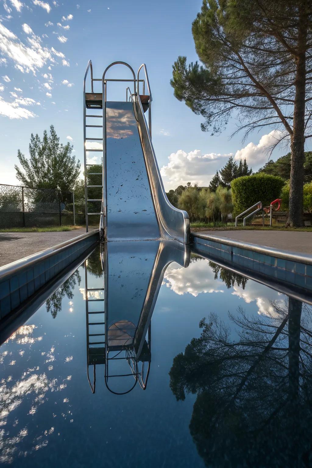 A mirrored pool slide that reflects the natural beauty around it.
