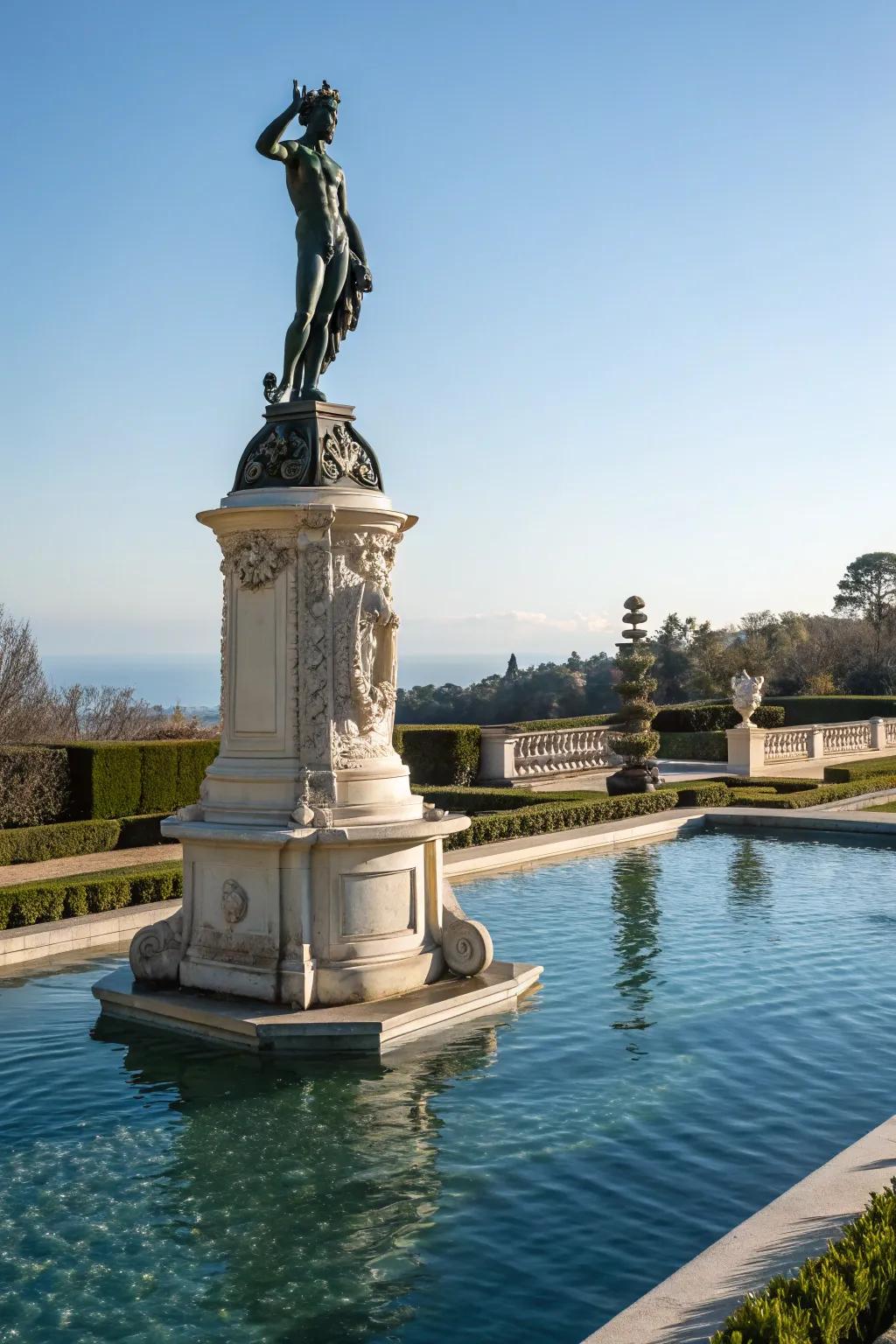 A pedestal sculpture stands tall, serving as a dramatic poolside focal point.
