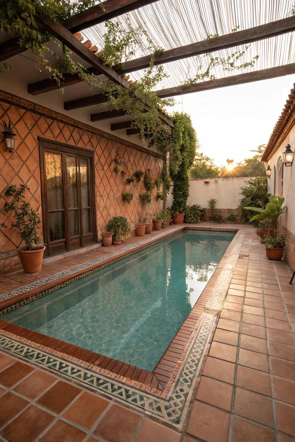 Create a cozy atmosphere with warm terracotta tiles.