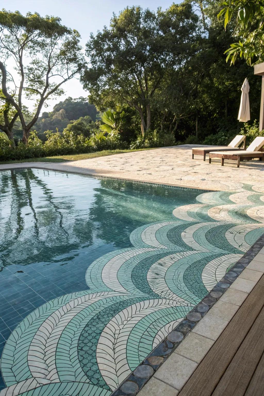 Pool with nature-inspired patterned tiles.