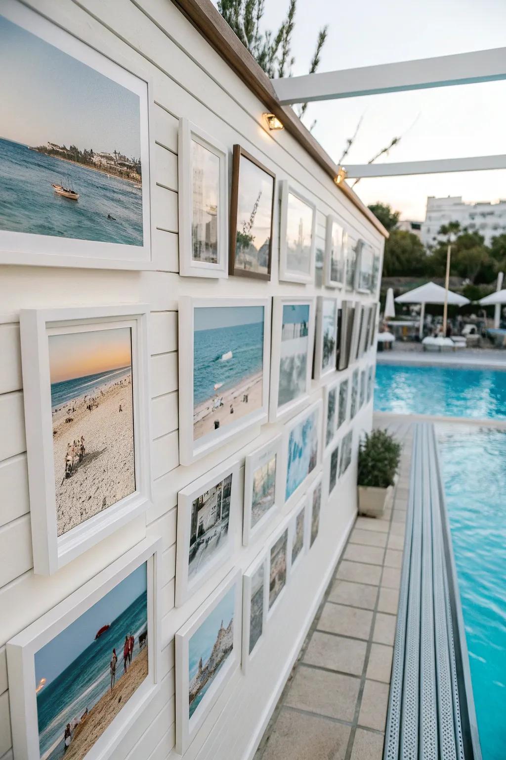 A seaside photo collage personalizes the poolside ambiance.