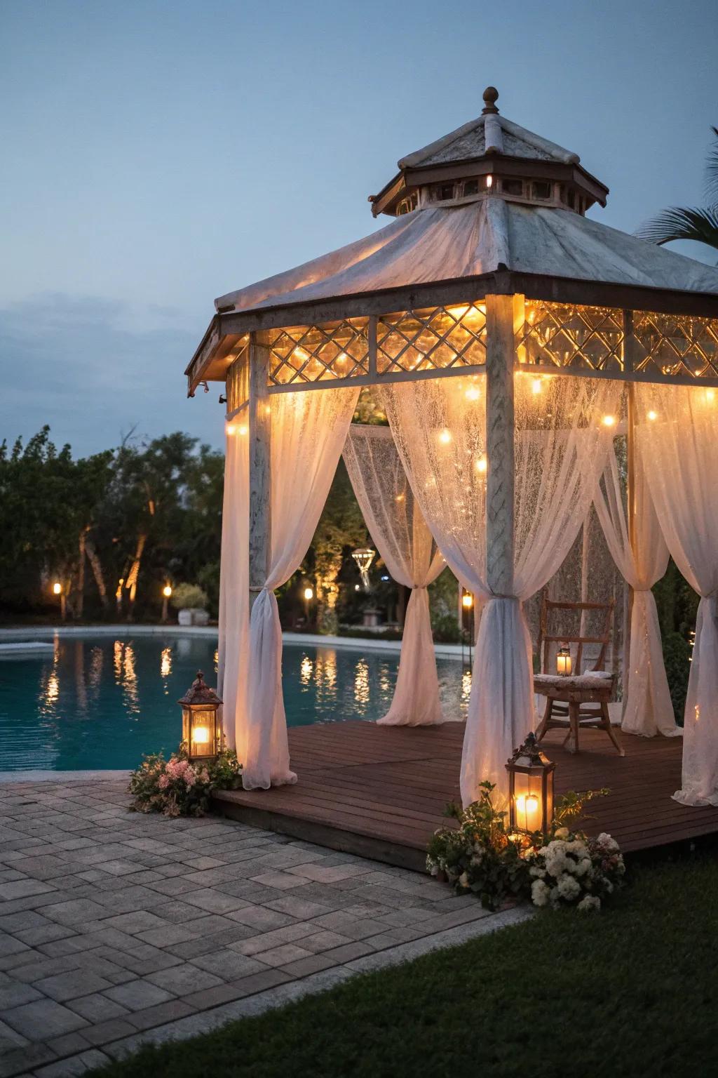 Set the mood with a gazebo adorned with sheer drapes.