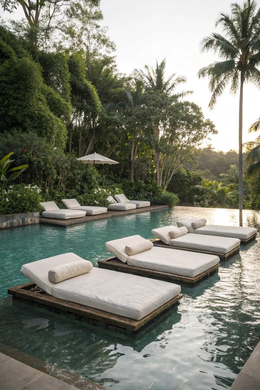 Floating lounges provide a luxurious and playful relaxation spot.