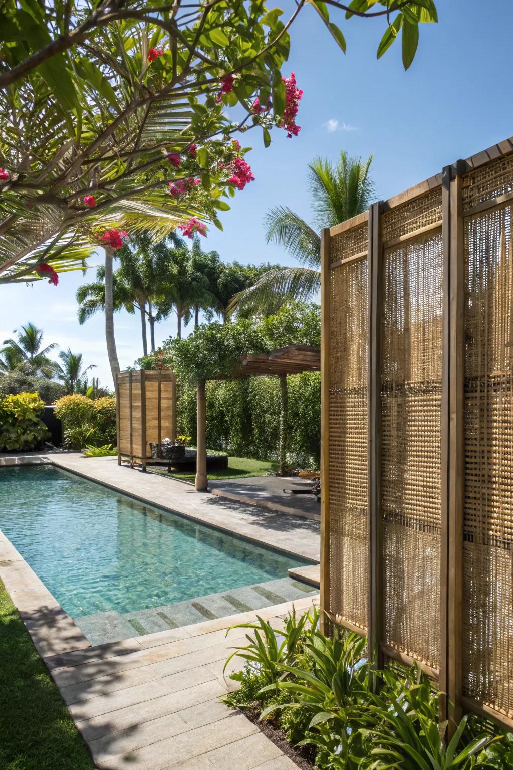 Bamboo screens offer privacy and a tropical touch.