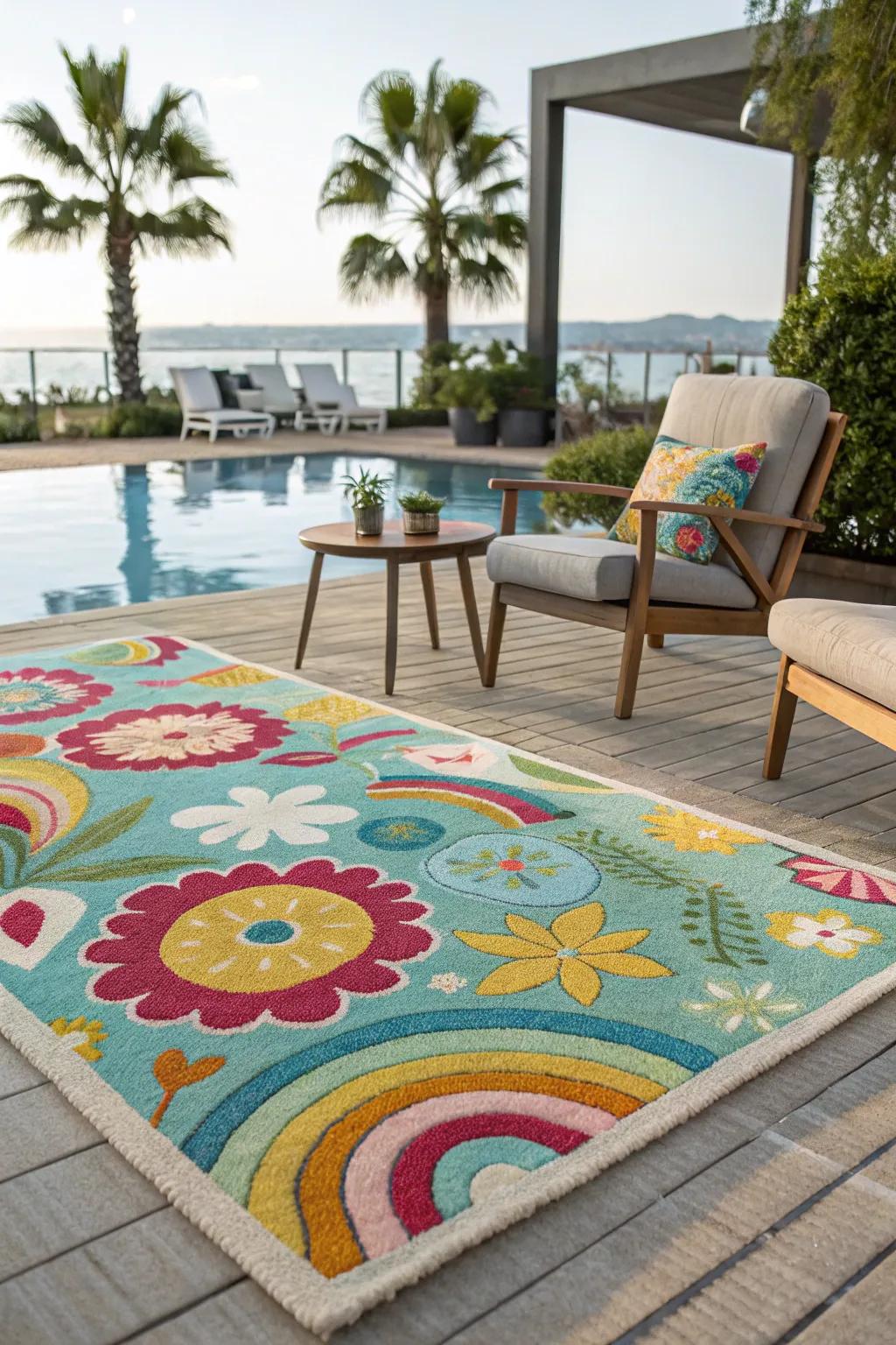 Outdoor rugs add warmth and style to your poolside decor.