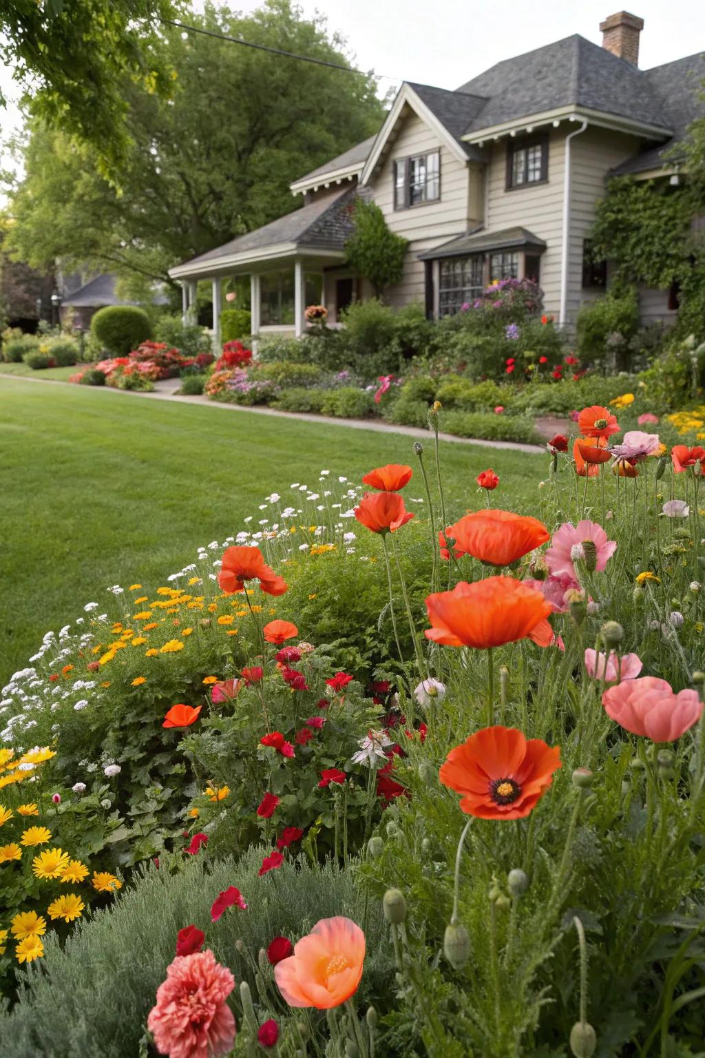 A front yard garden enhanced with the bold colors of poppies.