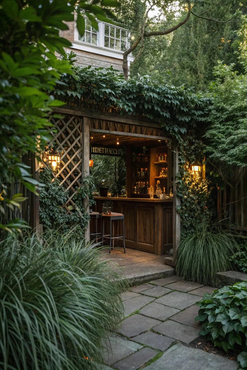 A hidden bar nook offers privacy and intimacy on your porch.
