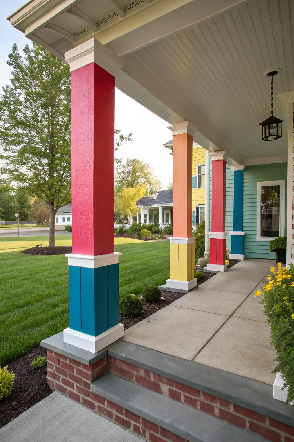 Bold color blocks create a dynamic and vibrant look for porch columns.
