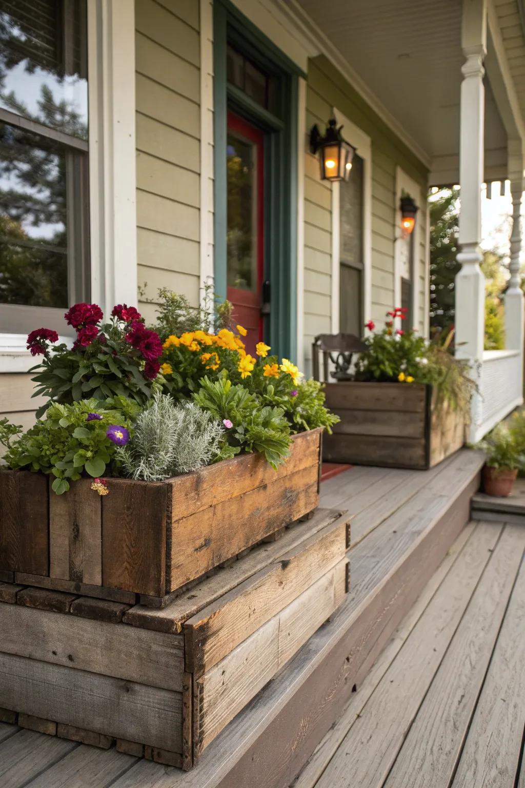 Reclaimed materials offer an eco-friendly flower box option.