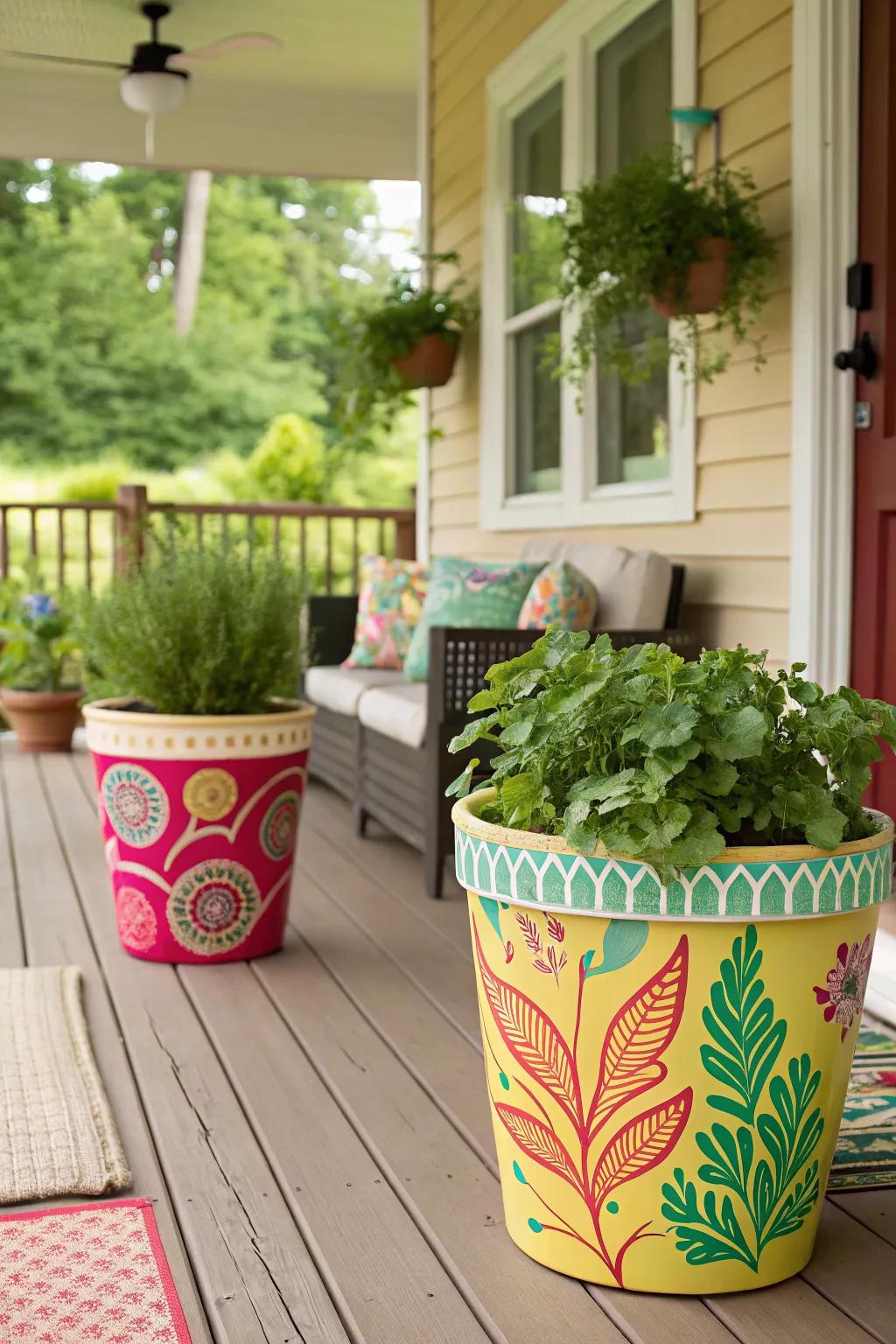 DIY painted planters offer a fun and personalized touch to porch decor.
