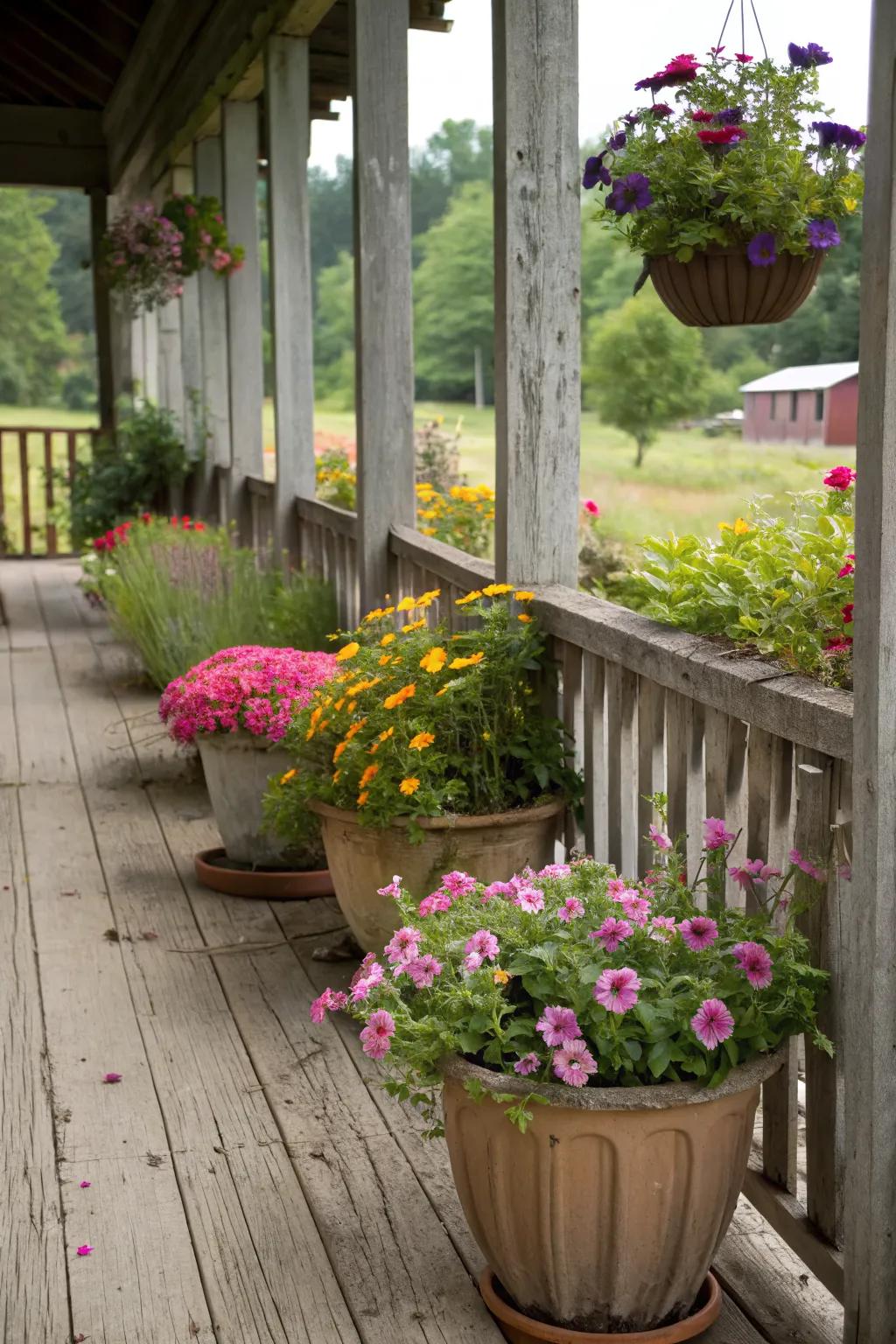 A wildflower wonderland on the porch with vibrant, mixed blooms.