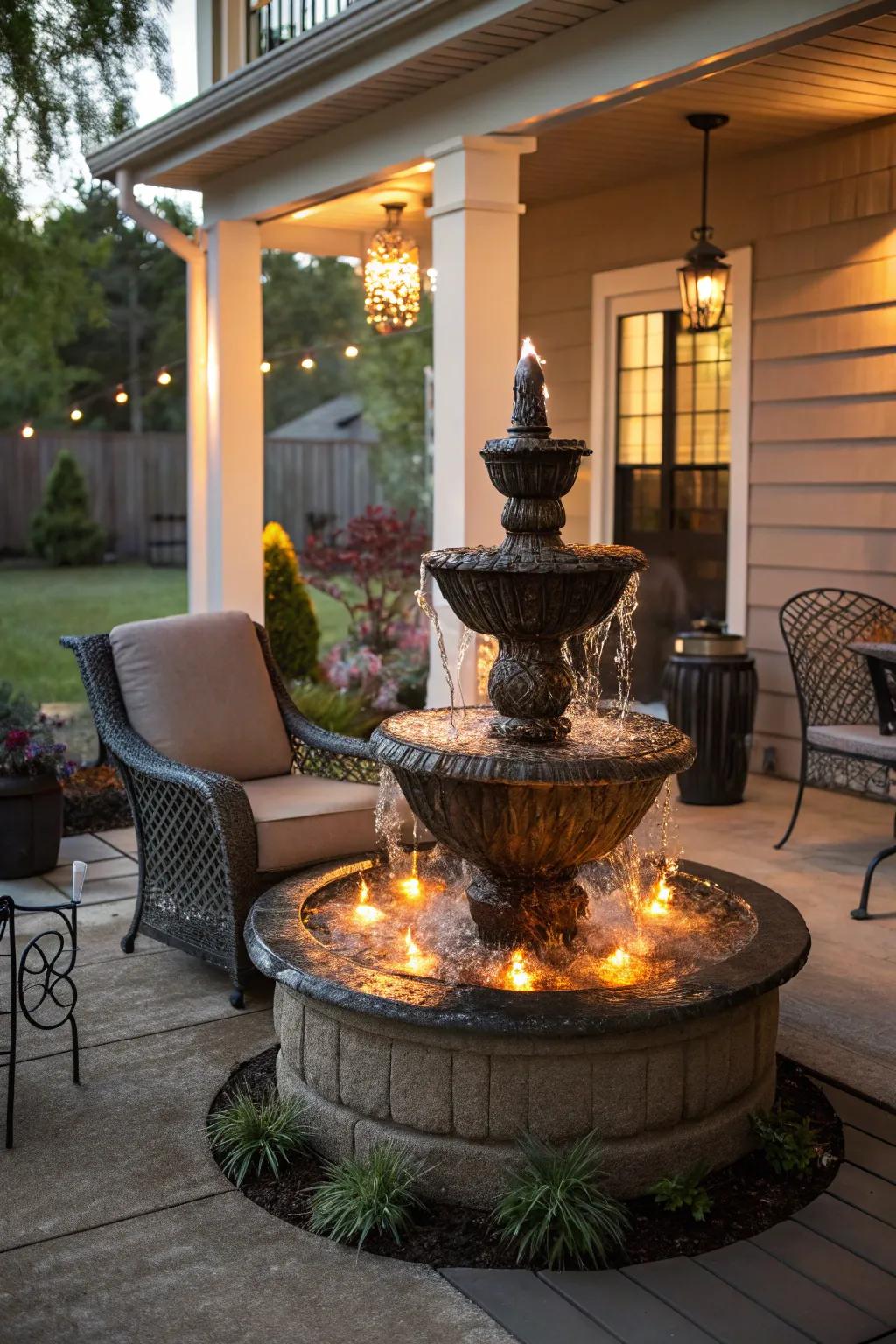 A fire and water fountain creates a striking ambiance for gatherings.