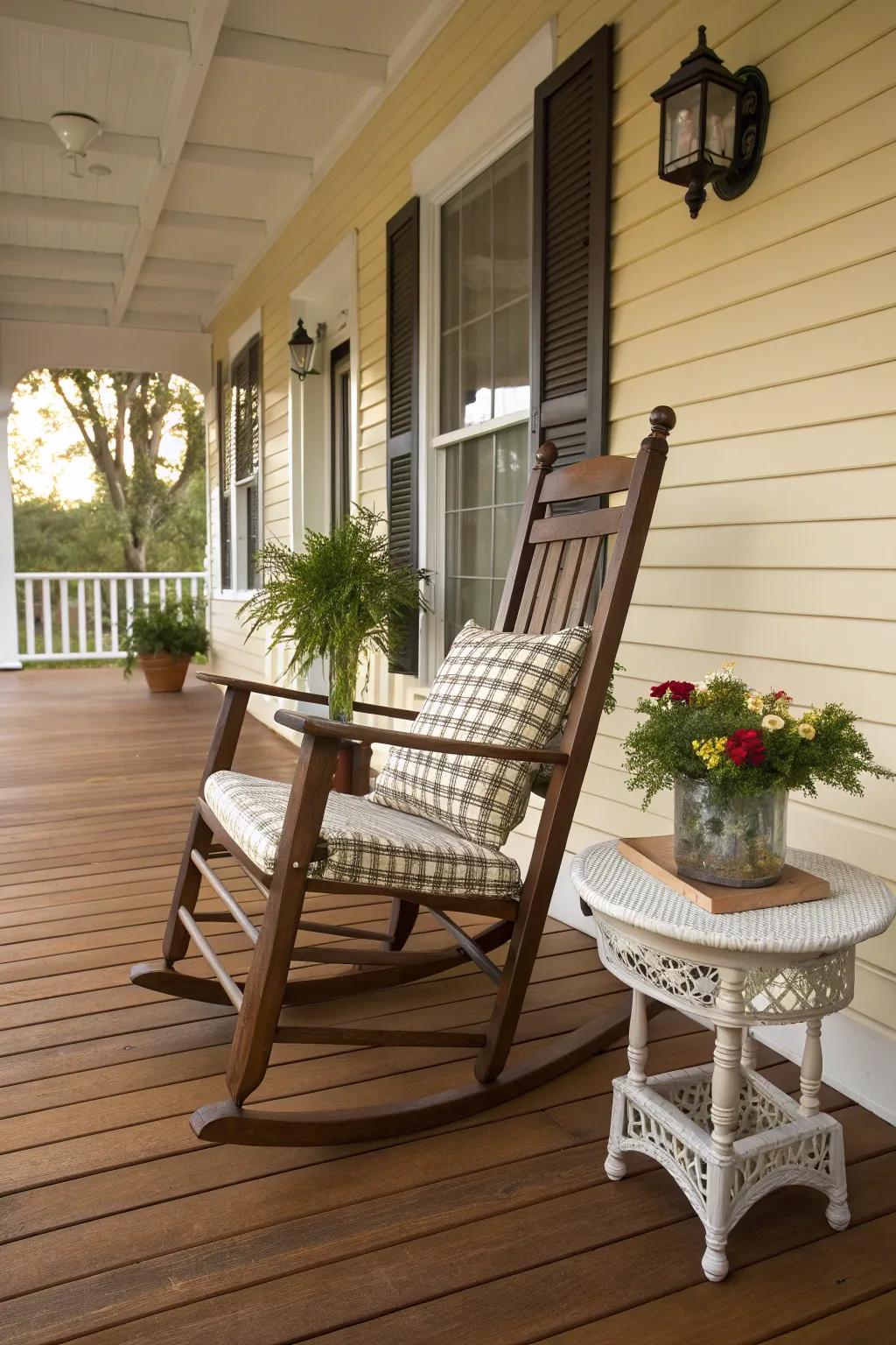 A classic rocking chair brings timeless charm to the porch.