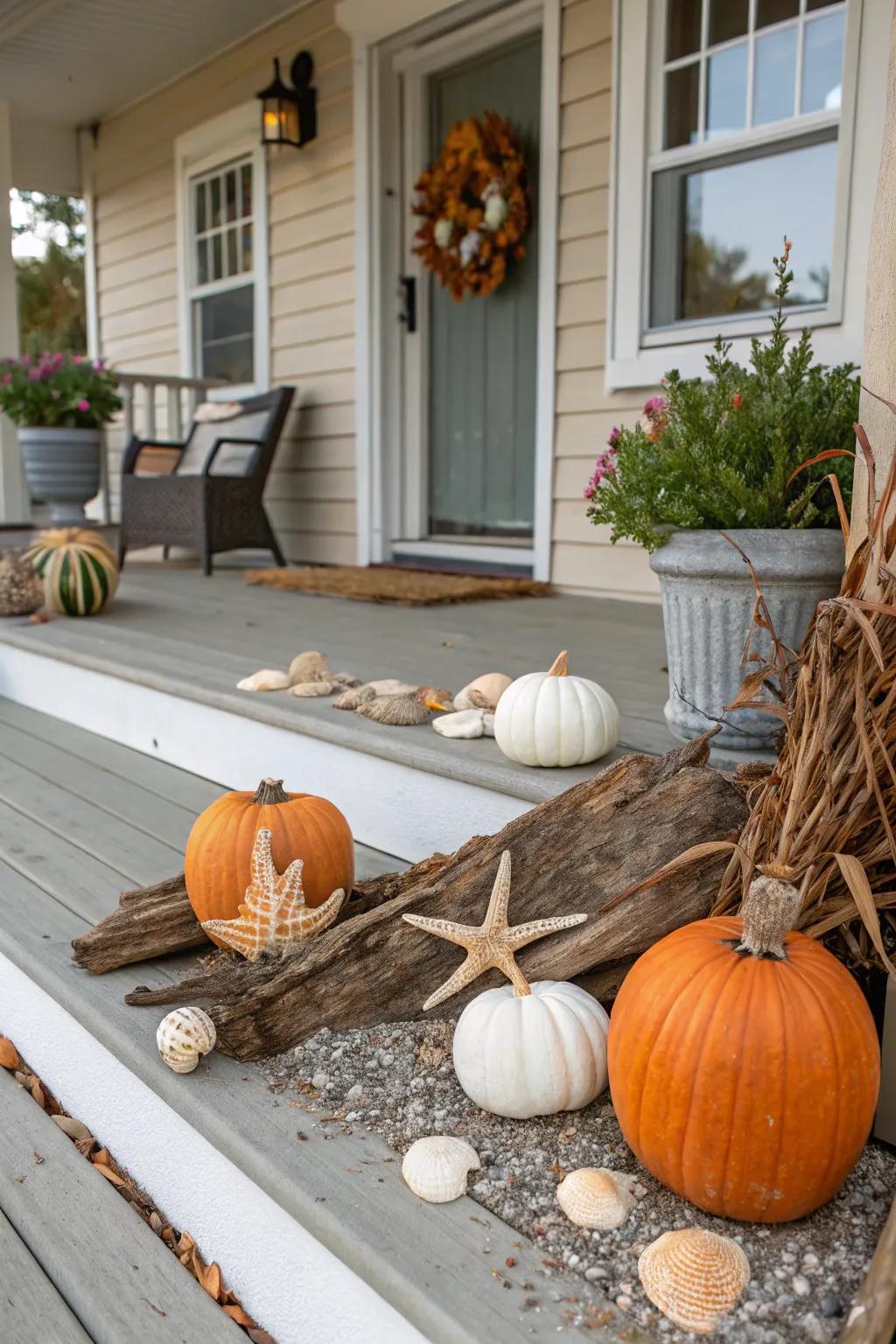 Seasonal decor accents keep the porch feeling fresh and festive.