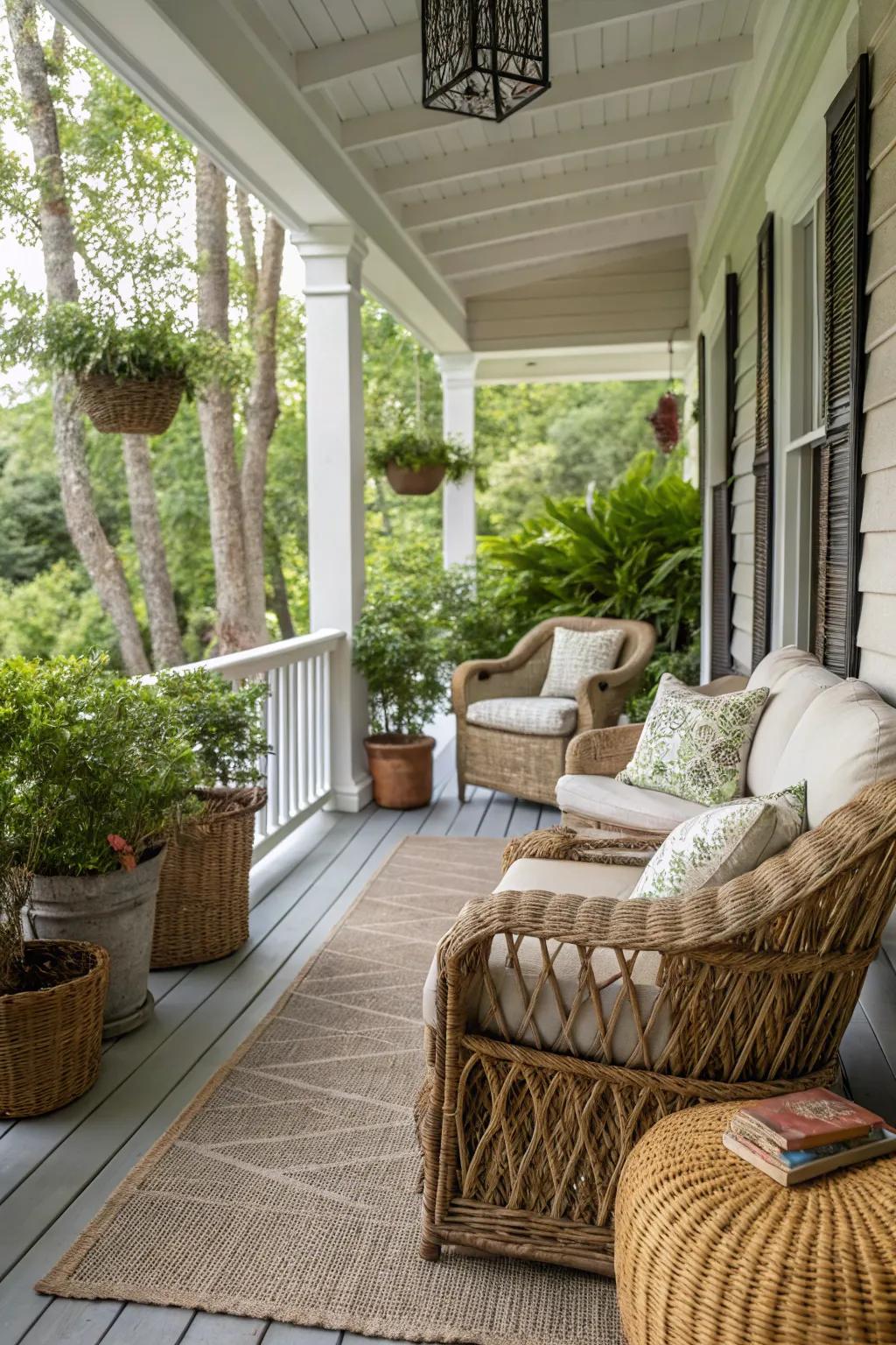 Woven textures add an earthy, cozy feel to your porch.