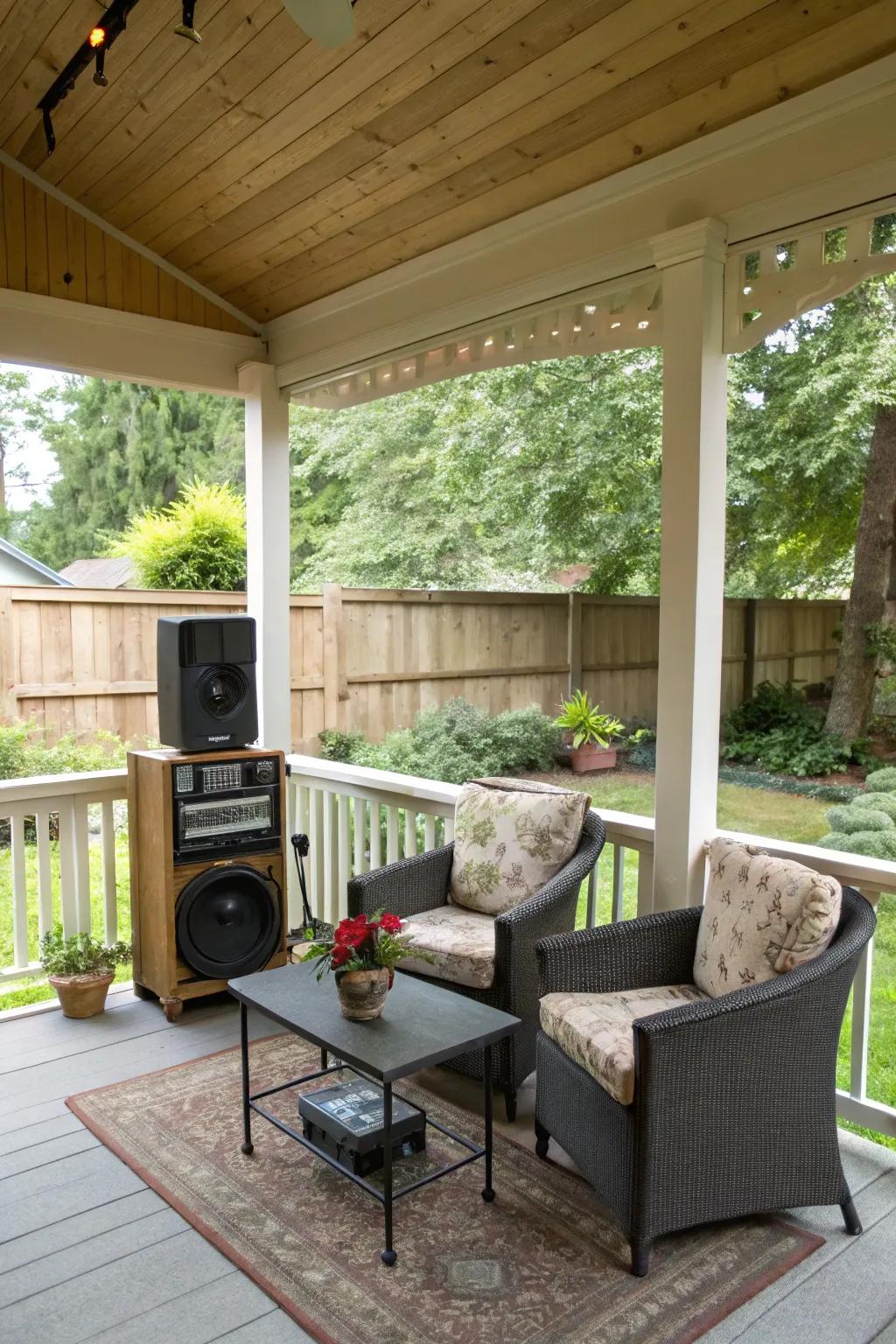 A discreet sound system transforms the porch into an entertainment hub.