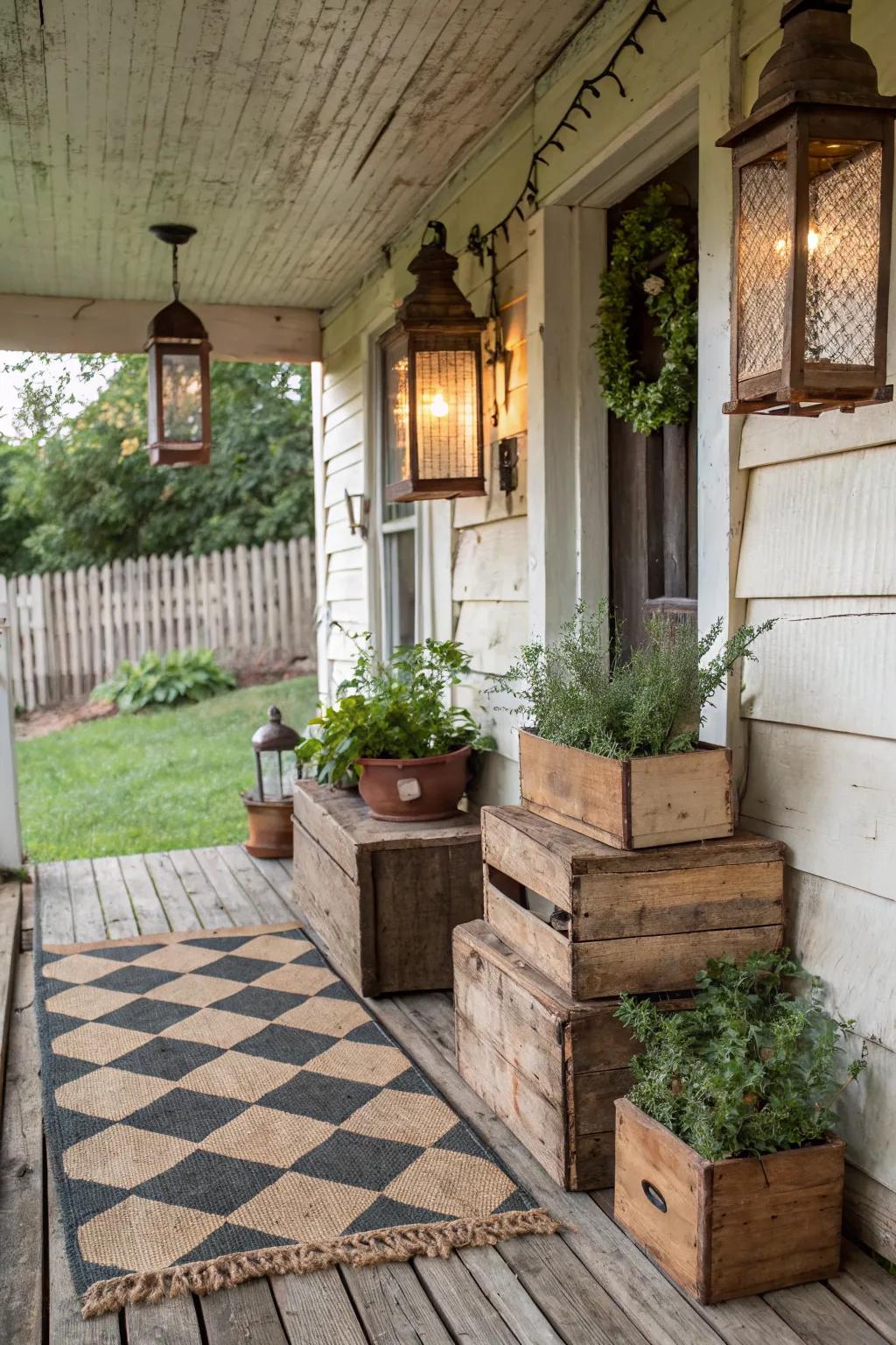 Rustic elements add warmth and charm to the stoop.