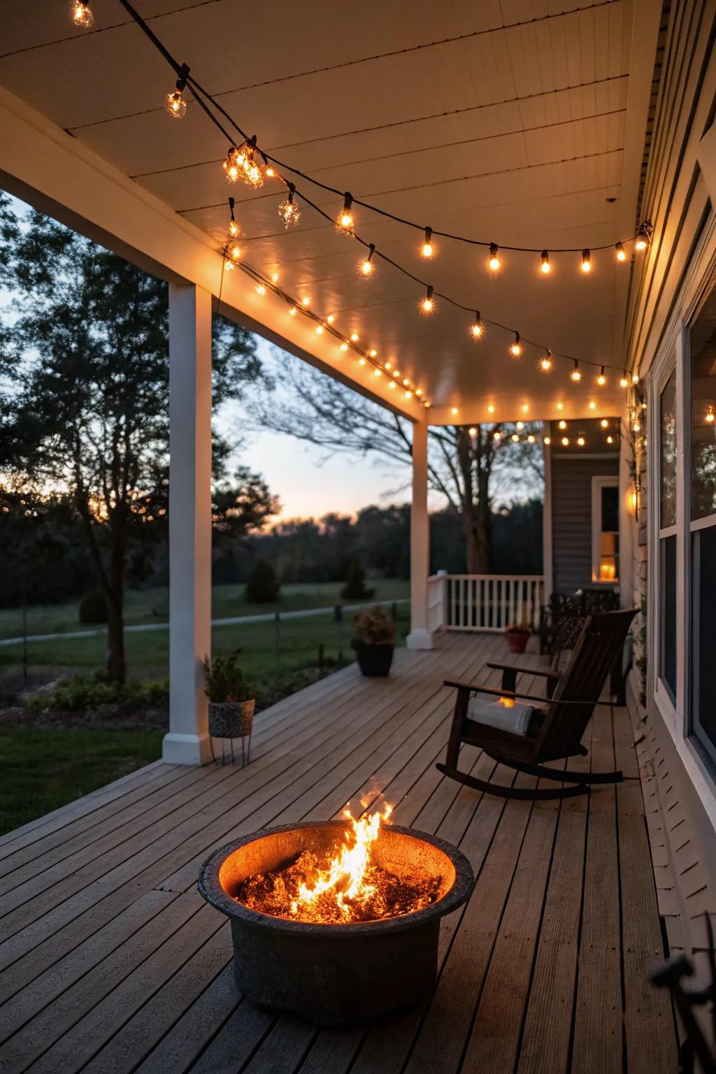 String lights and a fire pit create a cozy and intimate porch setting.