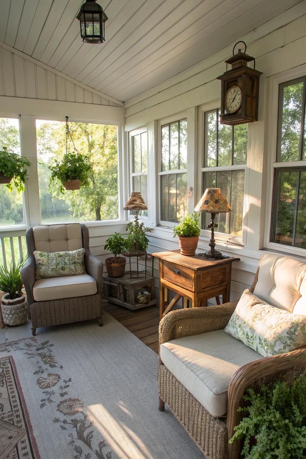 Vintage elements add timeless charm to your sunroom.