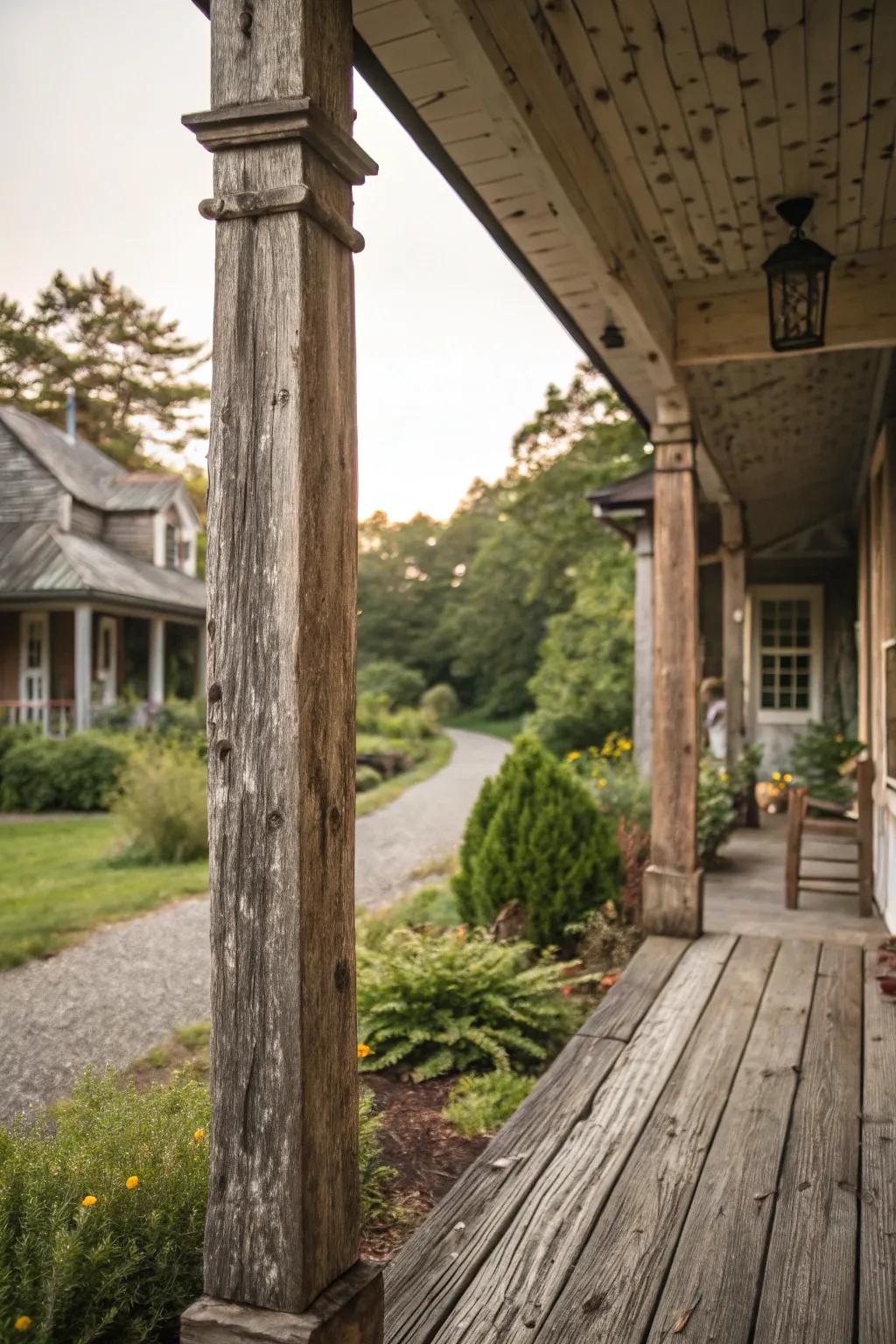 Weathered wood finishes add rustic charm and warmth to porches.