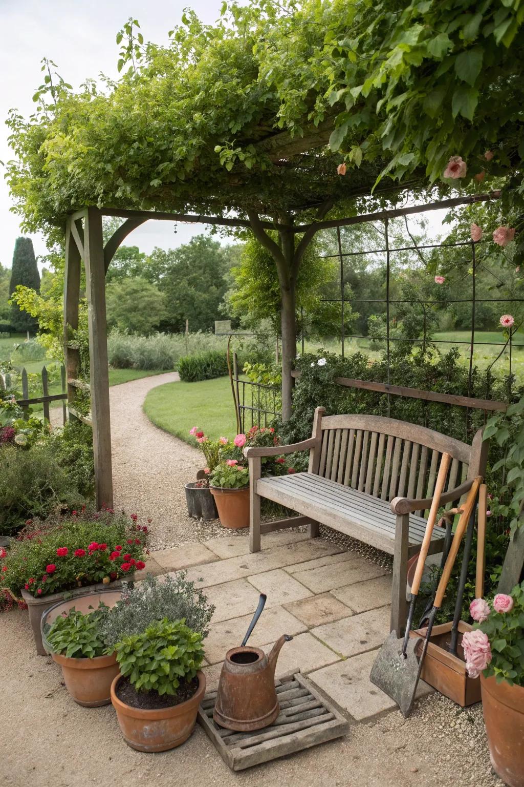 An integrated seating area invites relaxation amidst gardening tasks.