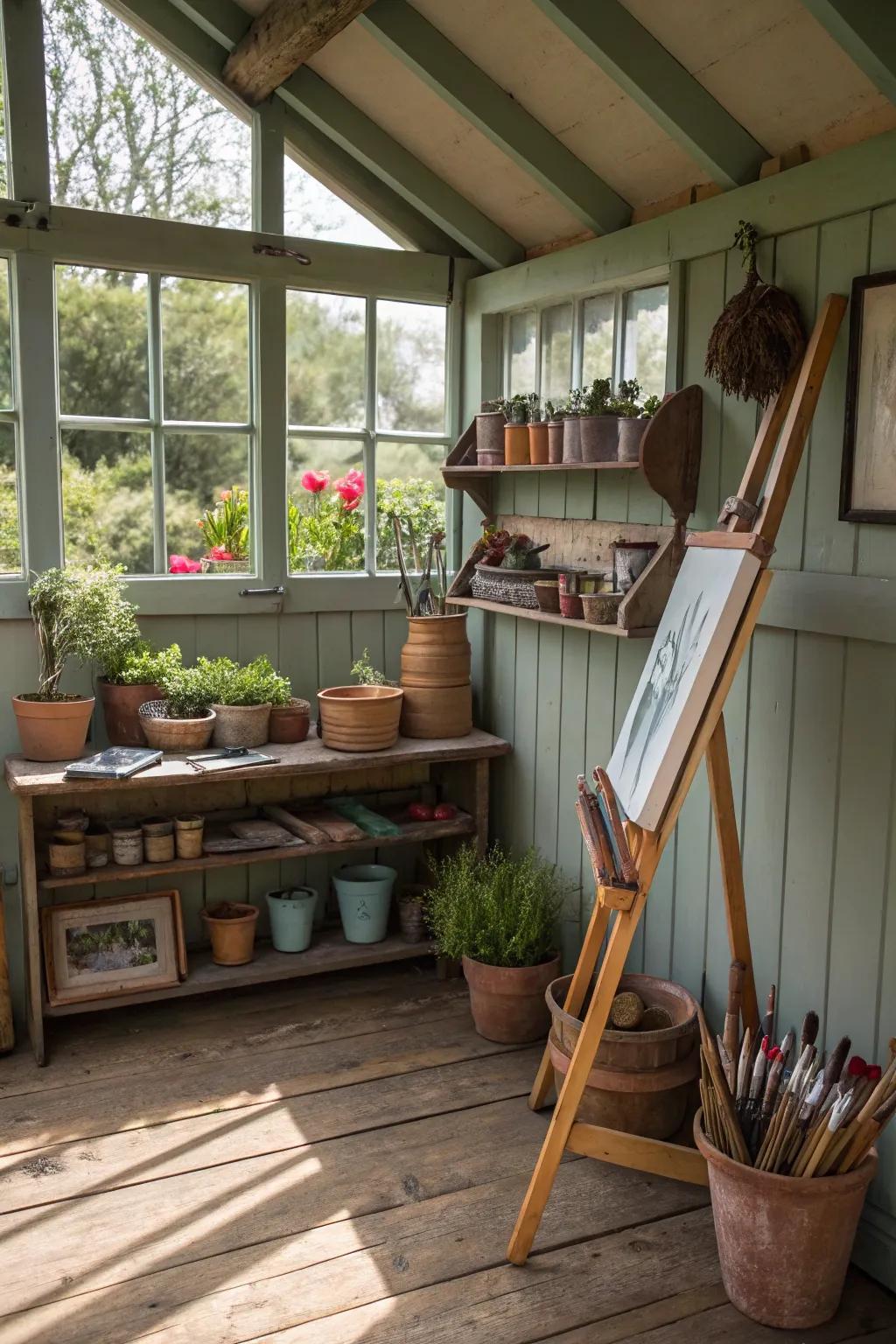 Artist's corner inside a creative potting shed.
