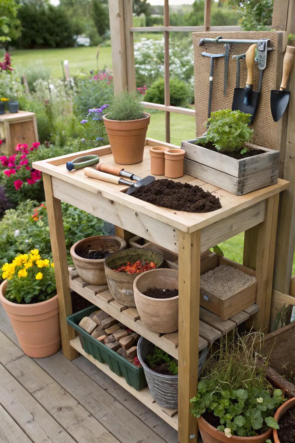 A potting station paired with a composting area for eco-friendly gardening.