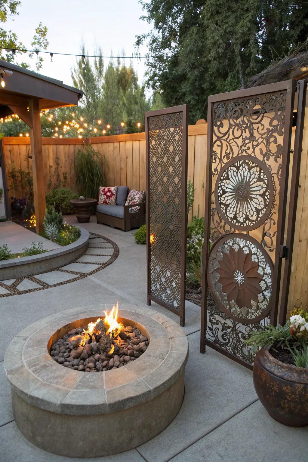 Decorative metal screens add safety and artistic flair.