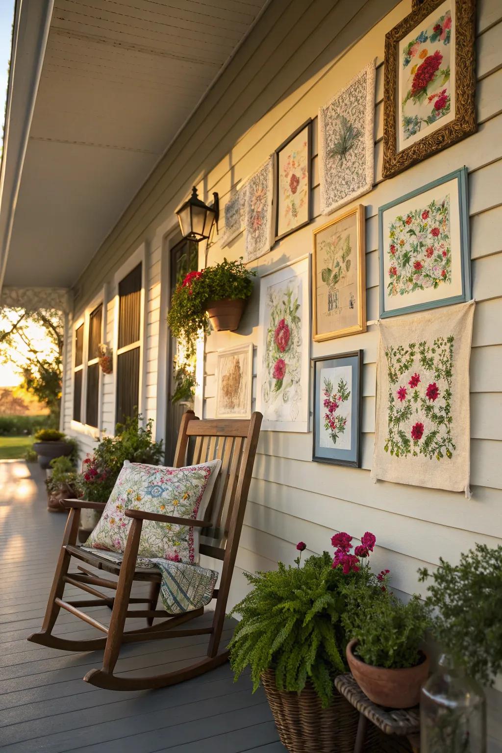 Homemade needle point art adds a personal touch to this porch.
