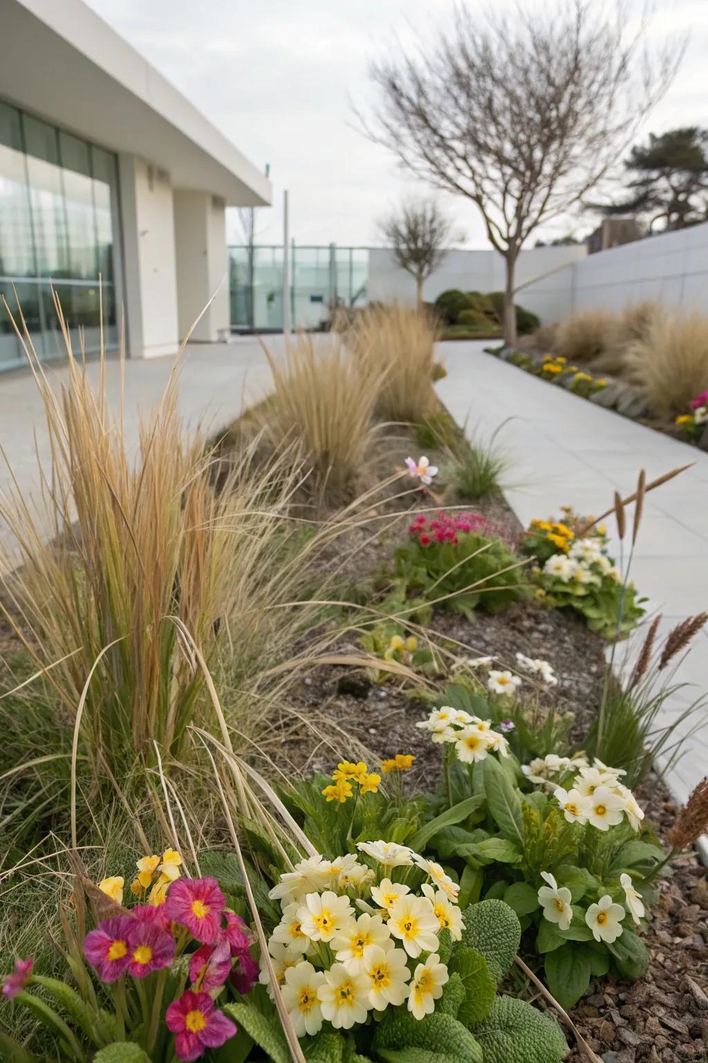 A modern mix of primroses and ornamental grasses.