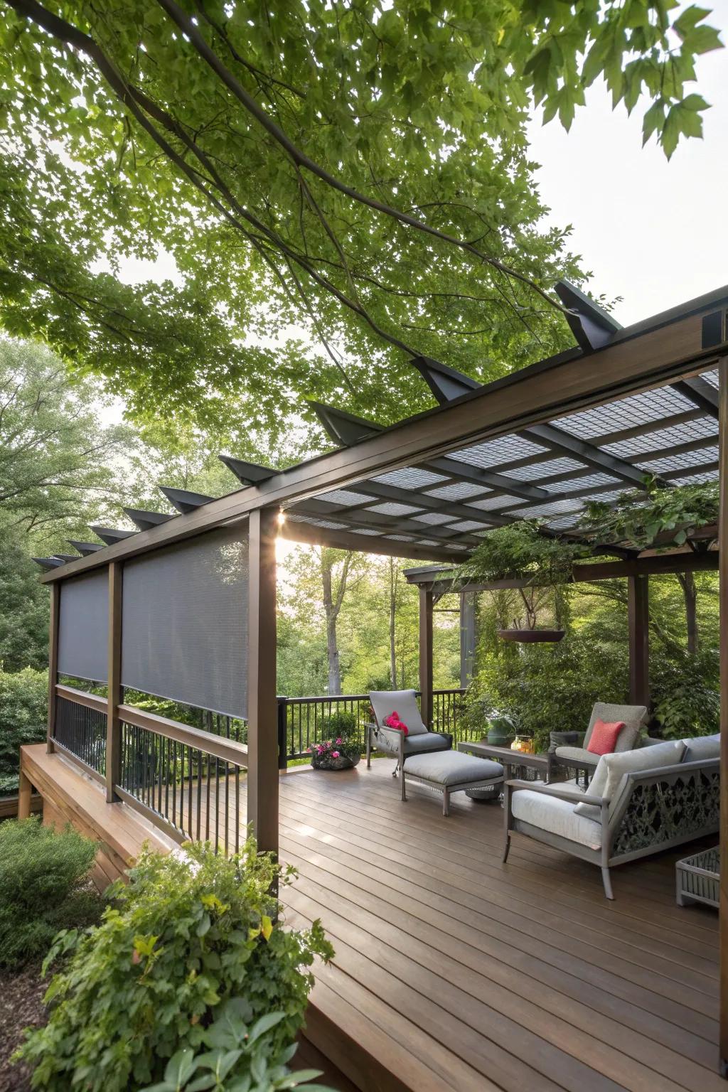 A pergola with screens offers adjustable shade and privacy.