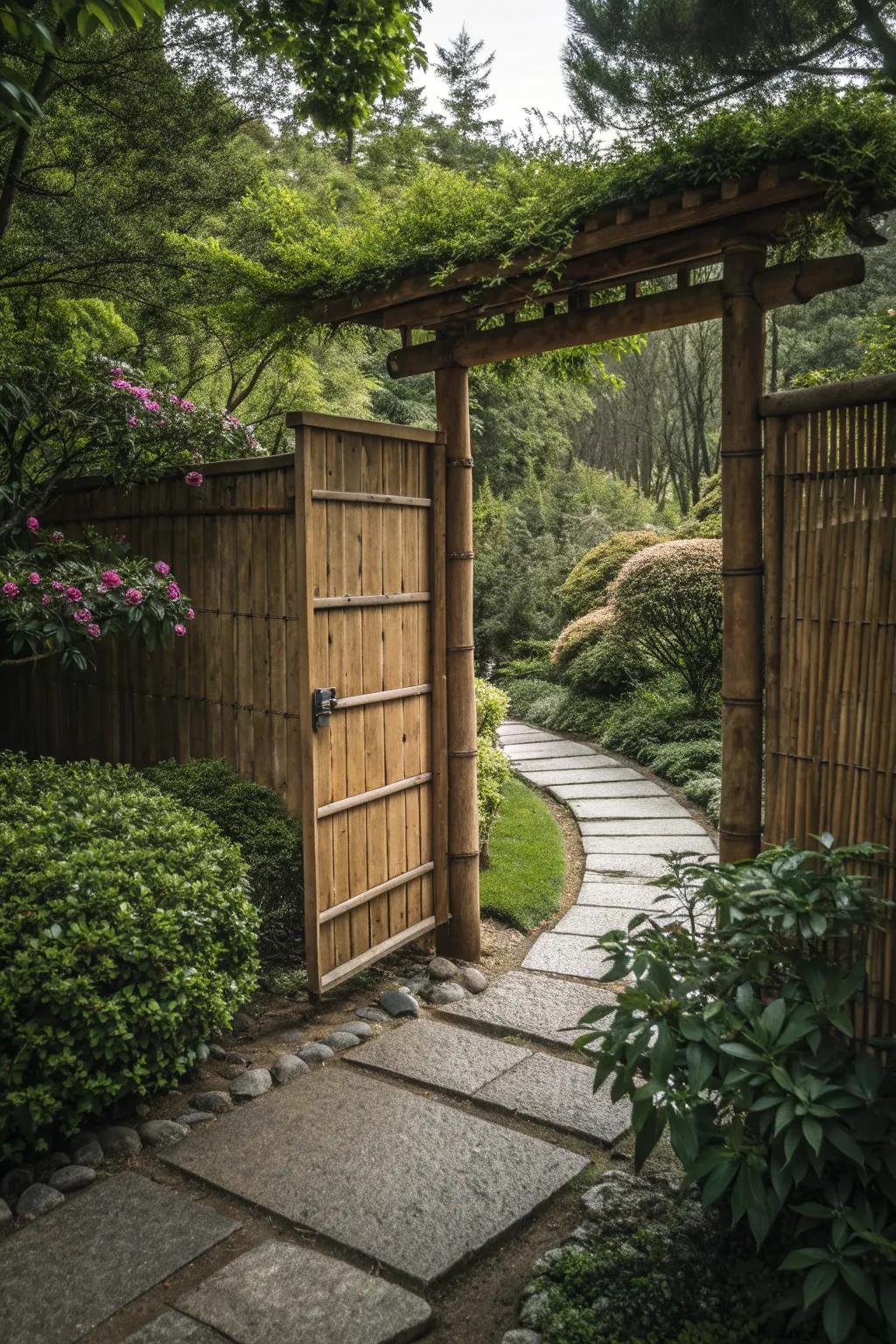 A Zen-inspired bamboo gate promoting peace and simplicity.