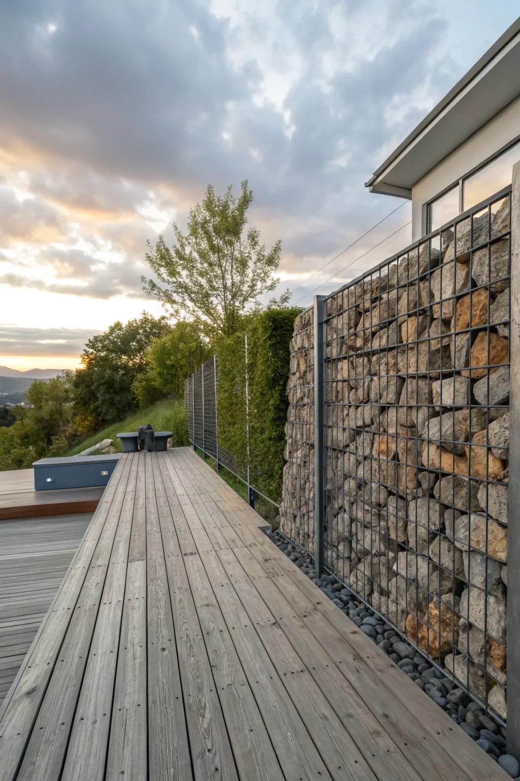 Gabion walls make a bold statement while providing privacy.