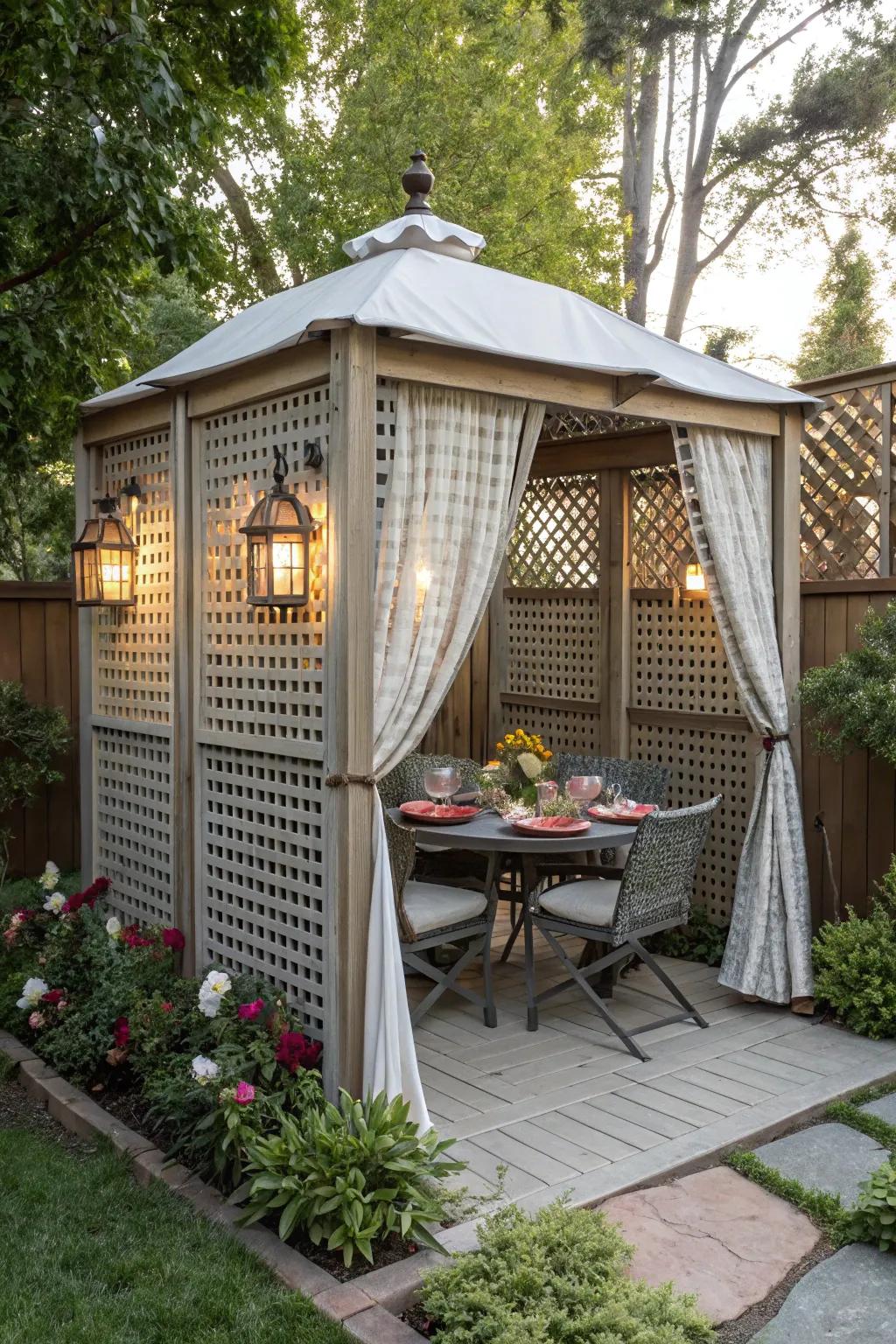 Gazebo with privacy panels for secluded outdoor dining.