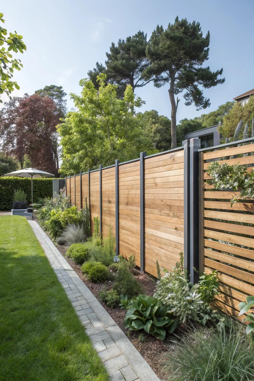 Mixed materials create a stylish and private fence.