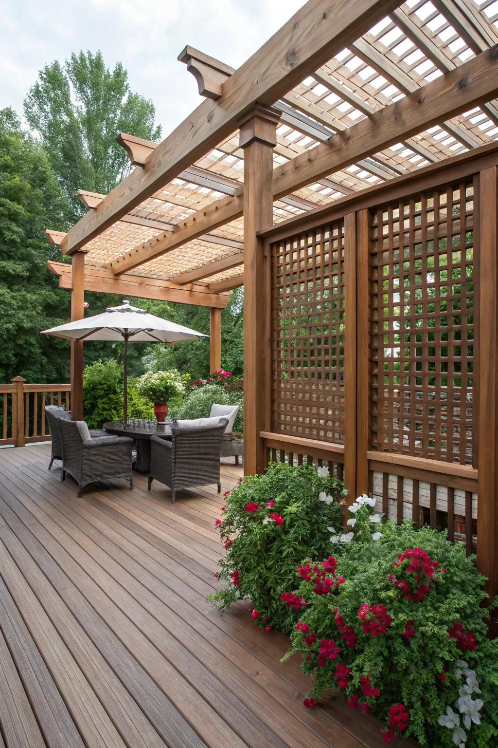 Create inviting spaces with corner panels on pergolas.