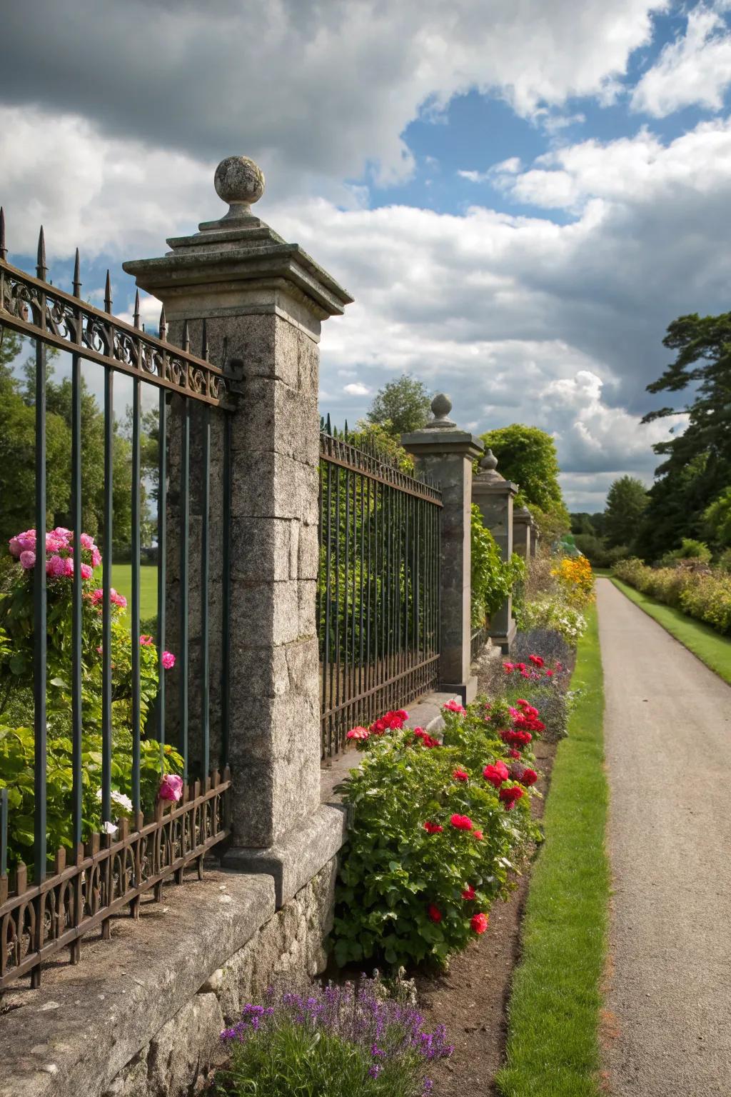 A wrought iron fence combined with stone posts for striking visual impact.