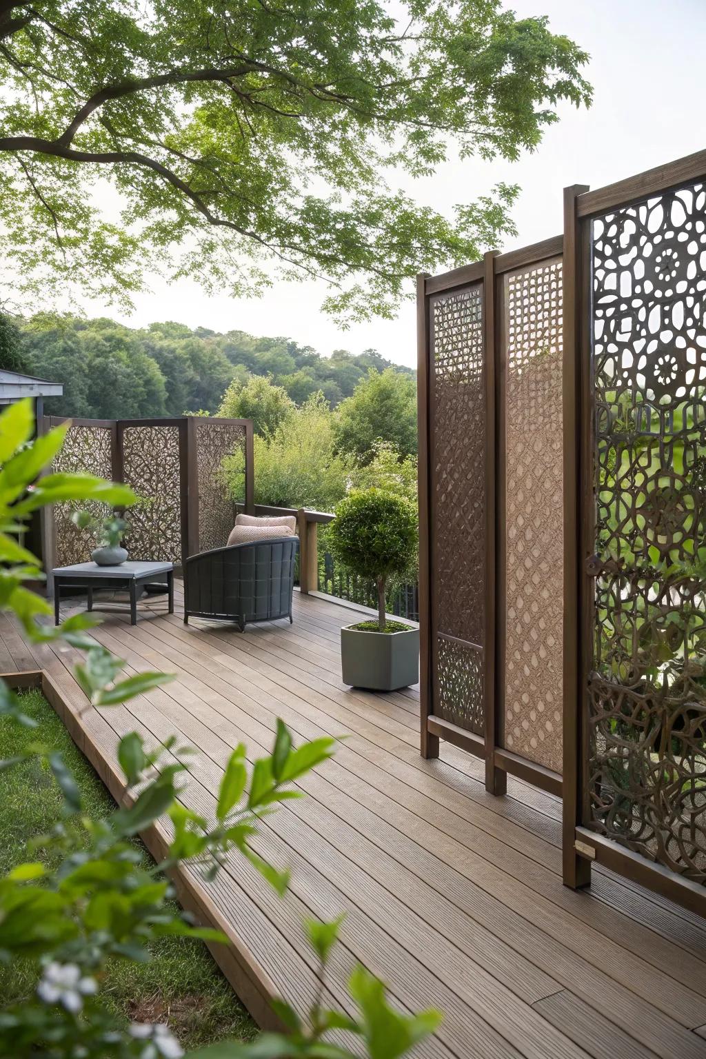 Textured screens add style and define deck spaces.